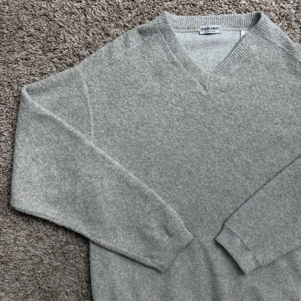 Vintage Giorgio Armani Wool Blend V-Neck Sweater Light Grey Pullover Mens Size M
